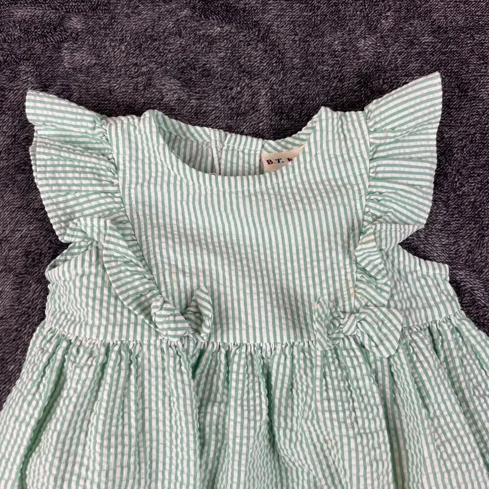 Vtg B.T. Kids Seersucker Striped Dress Embroidered Girls 2T Ruffle Floral *Read